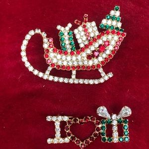 Set of Two Vintage Rhinestone  Holiday Sleigh and Presents Brooch